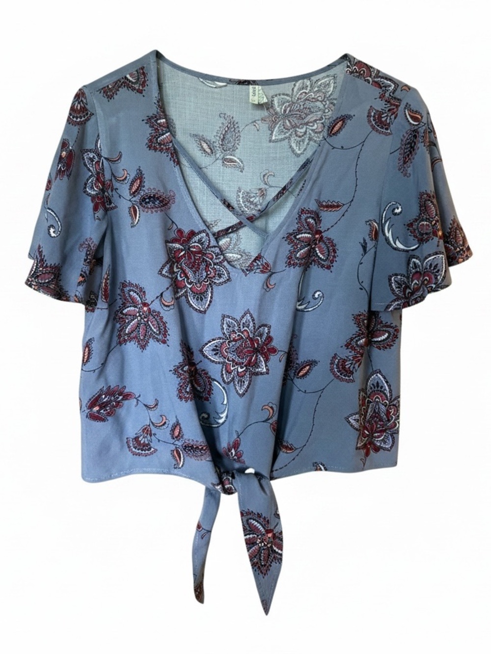 Mudd Dusty Blue Floral Tie-Front V-Neck Blouse